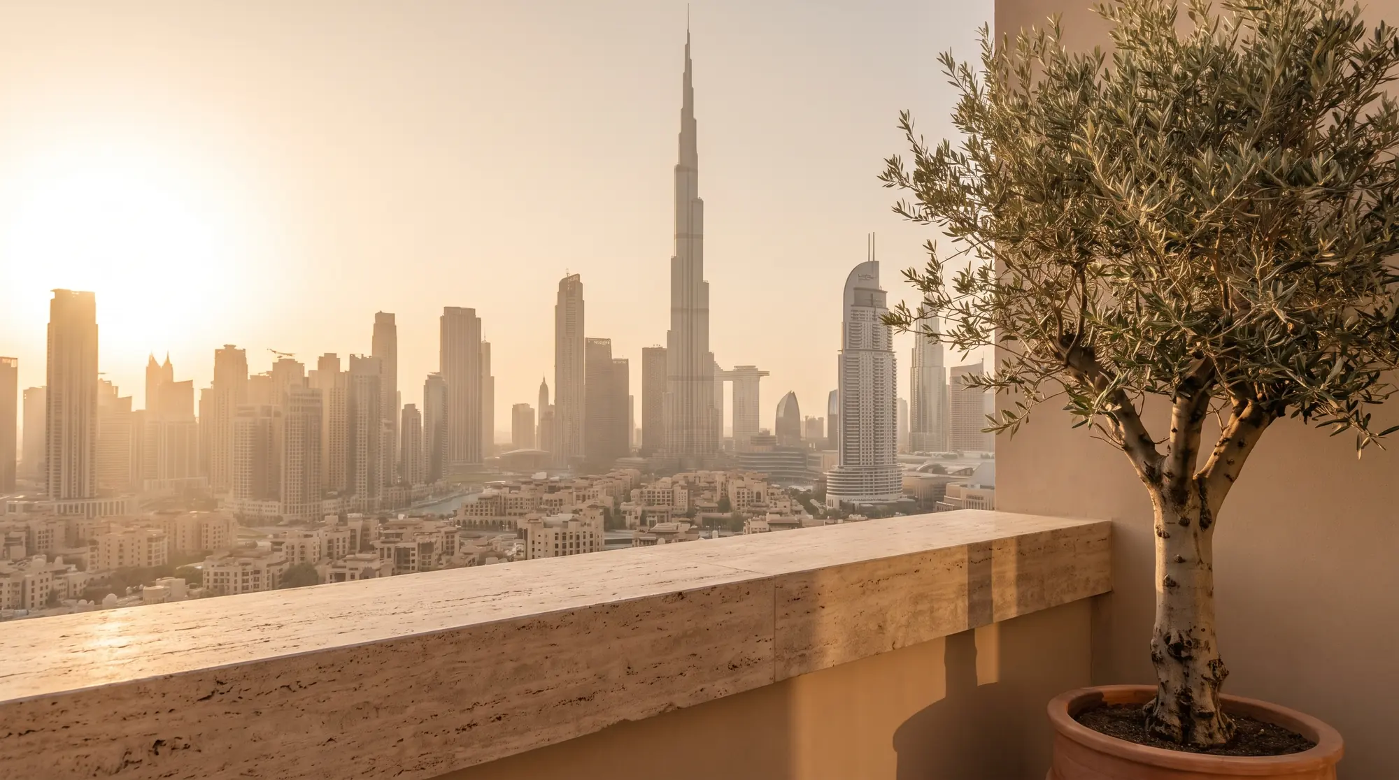 Terrace with a potted olive tree facing the Burj Khalifa and the Downtown Dubai skyline at sunset (illustrative image)