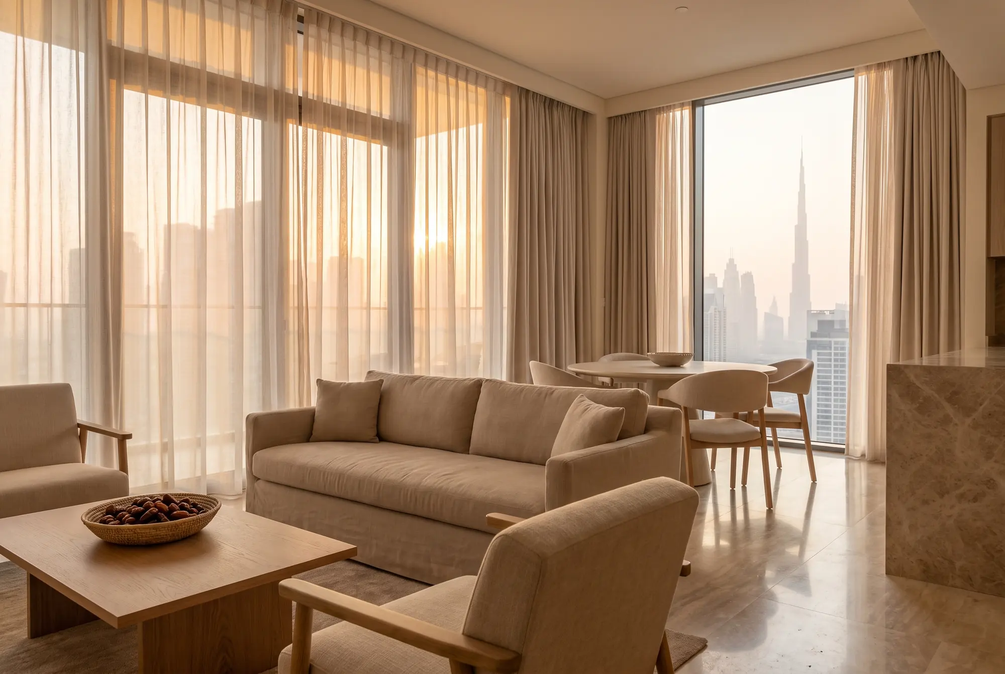 Salon aux tons sable avec de grandes baies vitrées ouvertes sur la skyline de Downtown Dubaï et le Burj Khalifa (image d'ambiance)
